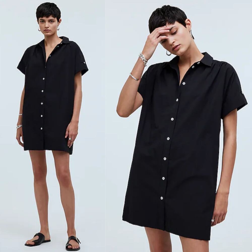 NWT Madewell Collared Button-Front Mini Shirtdress Black XS NP091‎ Cotton Poplin